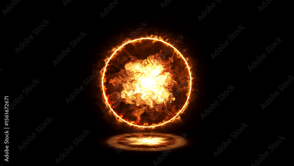 Poster 3d glowing red sphere of fire in the universe. 3d sphere made of shining particles and energy rays. 