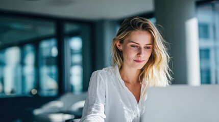 Confident young woman working on a laptop in modern office with large windows.