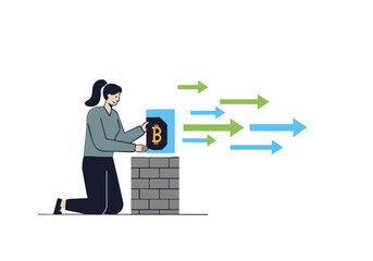 woman installs a firewall protecting a Bitcoin symbol Illustrative graphic showcasing digital security and cryptocurrency Modern clean design