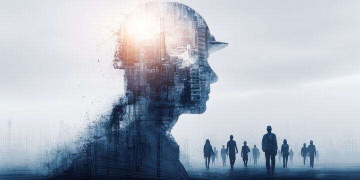 Futuristic digital human head silhouette with cityscape reflections and abstract design elements.