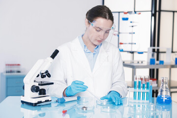 Scientist working with sample in Petri dish at table in laboratory