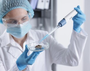 Scientist working with sample in Petri dish in laboratory, selective focus