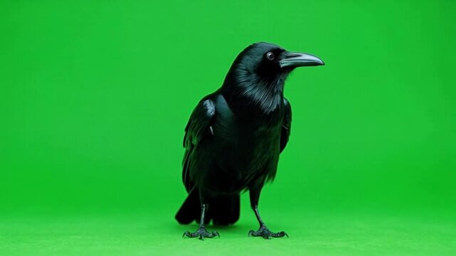 A full body shot of a crow standing against a green screen looking to the left side of the frame green screen animal video
