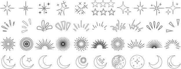 Doodle sparkle stars and celestial elements in black outline, including moon, sunburst, starburst, comet, and shine icons. Perfect for magical, mystical, and decorative design themes or patterns