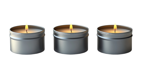 Three metal tin candles, lit