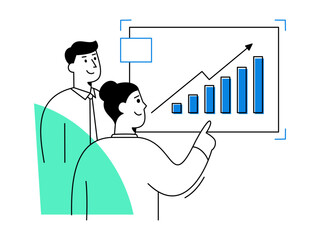 Two business professionals analyzing sales data on rising charts, celebrating growth success through effective teamwork in modern office environment