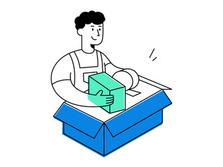 A cheerful man in uniform working on packing order into blue carton box, handling parcel for shipping delivery logistics with smiling expression