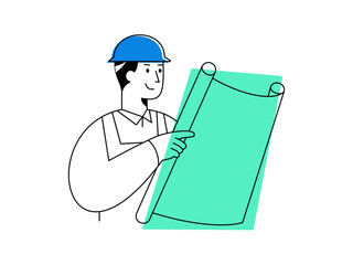 An engineer reviewing plans while wearing safety helmet, demonstrating focused construction planning and confident project management in architecture development