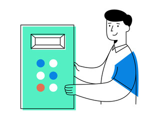 Factory worker operating machine control panel with blue and red buttons, showing cheerful expression in minimal design style representing industrial technology