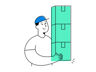 A smiling delivery worker in blue cap carrying bulk product with three large green boxes, representing cheerful logistics and transportation services