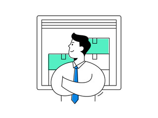 A confident male manager provides supervision for shipment operations in warehouse, overseeing logistics and storage boxes with professional expertise