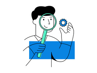 A quality control inspector holds magnifying glass and gear while smiling, wearing gloves, representing inspection and assurance in manufacturing environment