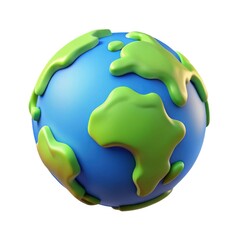 Stylized 3d cartoon planet earth with green continents on a blue background