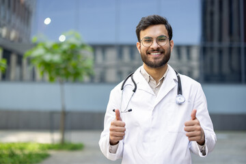A smiling doctor with glasses gives a thumbs-up, showcasing positivity and approval, ideal for medical and healthcare concepts.