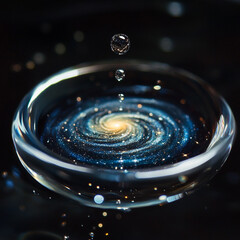 Cosmic Whispers: A mesmerizing macro shot capturing a universe contained within a crystal clear water droplet, reflecting the vast cosmos in intricate detail.