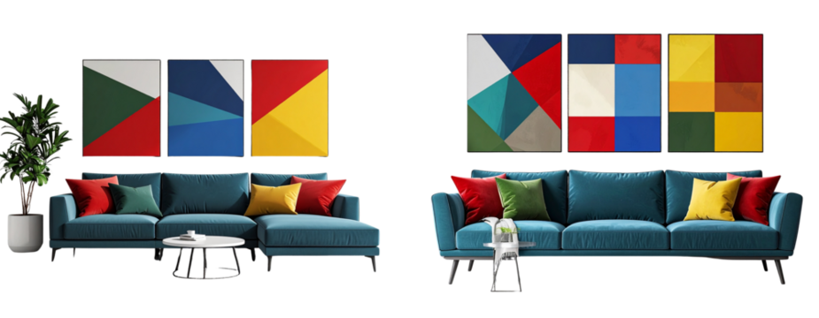 Abstract Geometric Wall Art Panels with Bold Colors in Contemporary Living Room, isolated on transparent background PNG - Powered by Adobe