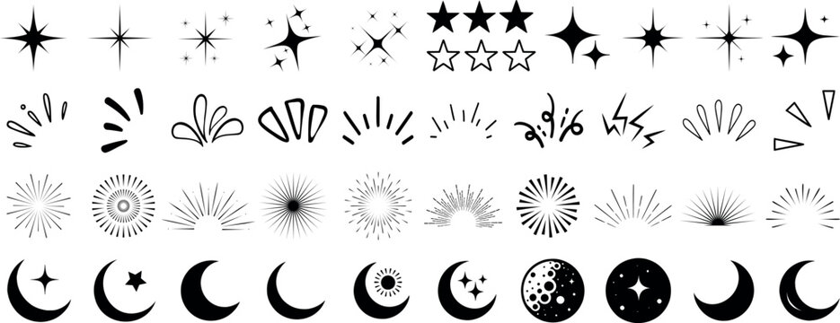 doodle  sparkle element element set, moon phase icon, star symbol, and sunburst graphic vector set. essential doodle illustrations for celestial design, mystical branding, and decor