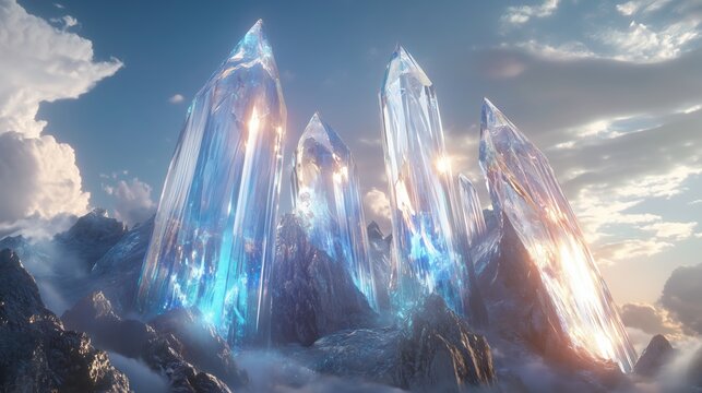 A cluster of giant transparent crystals growing in the ground
