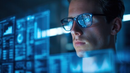 Young male scientist analyzing futuristic holographic interfaces in laboratory setting.