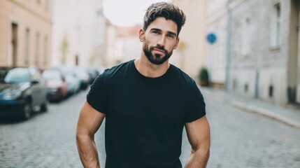 Fototapeta premium Confident young man with beard wearing casual black t-shirt standing outdoors on cobblestone street in urban environment.