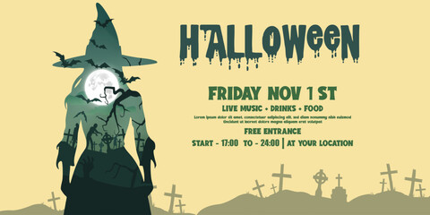 Scary Halloween party banner design template
