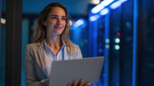 Smiling female IT professional working on a laptop in server room with glowing blue lights.