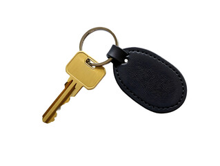 Closeup Studio Shot of Gold Brass Metal Key with Black Leather Keyring Oval Tag on white  Background