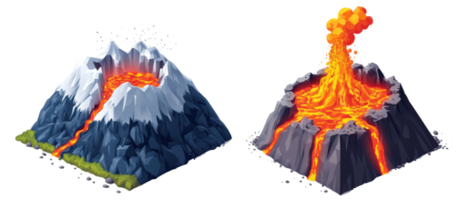 Two isometric volcanoes, one dormant, one erupting