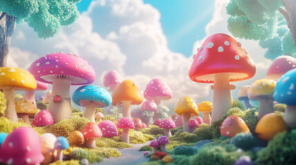 Whimsical Mushroom Meadow: A vibrant, dreamlike landscape of colorful mushrooms of various sizes and hues, set amidst a whimsical forest, evoking a sense of fantasy, fun and tranquility.