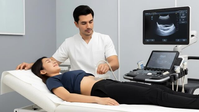 Ultrasound Examination Performed by Male Doctor on a Young Asian Woman Patient Lying on Examination Table in a Clinic with Medical Equipment
