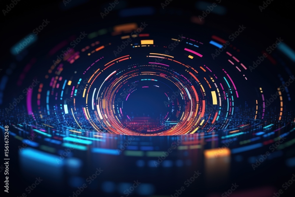Poster a glowing, circular digital interface with vibrant neon lines and shapes on a dark background, resem