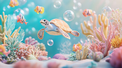 Underwater Paradise: A vibrant underwater scene unfolds, where a sea turtle gracefully glides through crystal-clear water, surrounded by colorful coral reefs, playful bubbles, and a school of fish.