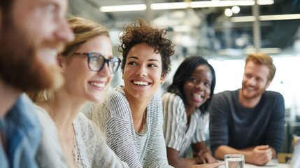 Obraz premium Diverse group of young professionals smiling and engaging in conversation indoors.