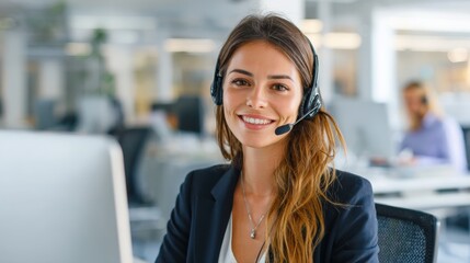 Friendly young woman customer service representative wearing headset smiling at workstation.