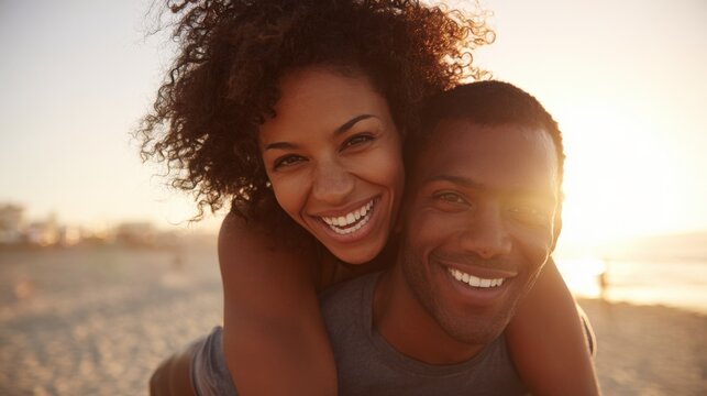 Happy diverse couple smiling and enjoying sunny day at the beach during sunset.