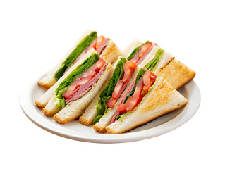 Three Toasted Club Sandwiches on White Plate Against white   Background Each Sandwich Layered with Red Tomato Slices Green Lettuce and Thin Roast Beef Slices