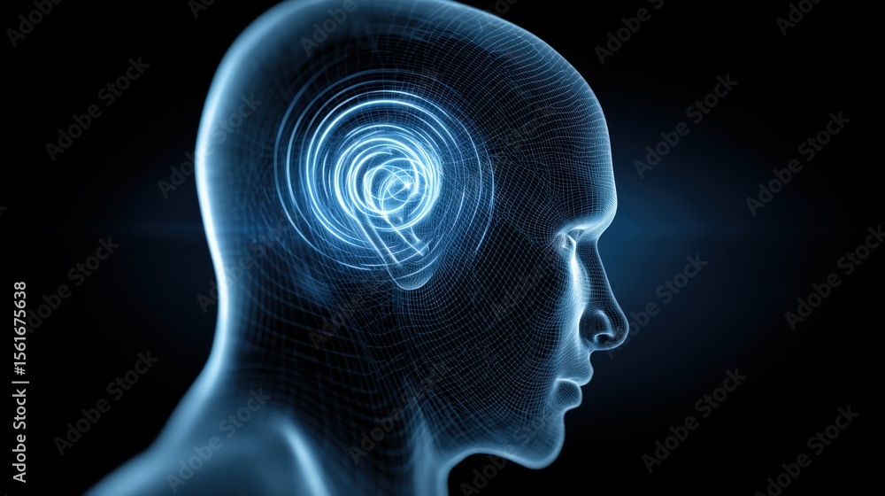Poster digital wireframe illustration of human brain with neural network and data concept.