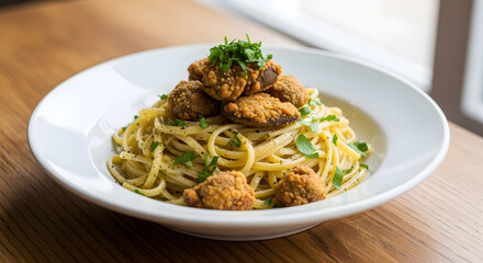 Linguine with Fried Chicken Liver, Top View