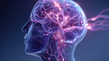 Detailed futuristic illustration of a human brain with electrical activity and neon lighting.