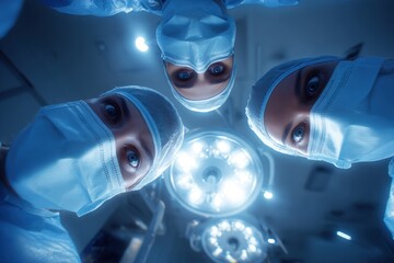 Surgeons in operating room performing a complex surgical procedure under bright lights and sterile environment.