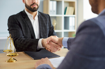 Law successful deal, professional solicitor or barrister, attorney hand shake in court of law,...