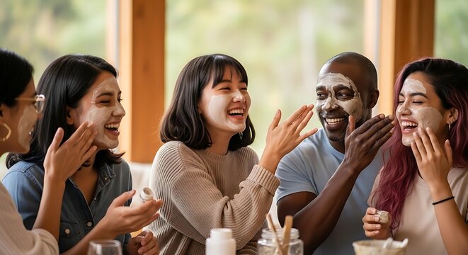 A group of diverse friends laughing together while applying facial masks, enjoying a fun spa day. - Powered by Adobe