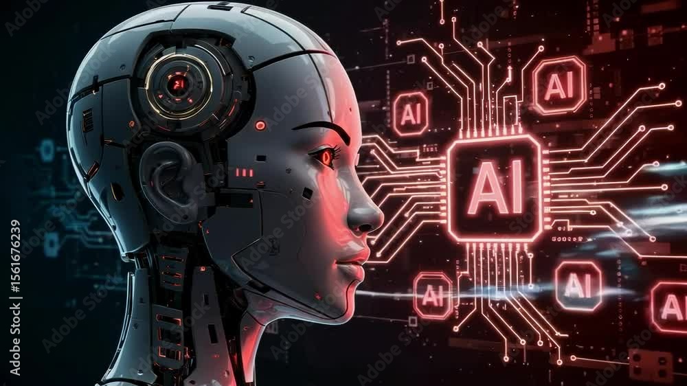Aufkleber a cyborgs face is displayed next to an ai circuit board with red lighting