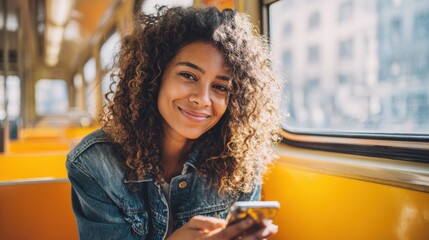 Smiling young woman with curly hair using smartphone on bus in urban city scene.