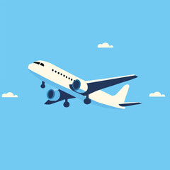 Fototapeta premium Flat Vector Illustration of an Airplane Taking Off in Clear Blue Sky