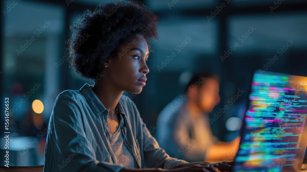 Poster focused young african american woman working on coding programming project at night.