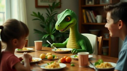 Parasaurolophus fumbles with spoon and drops food as family enjoys meal and laughs together
