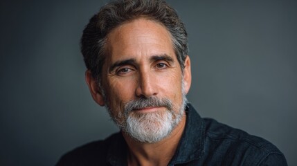Obraz premium Close-up portrait of a mature man with gray hair and beard wearing a dark shirt.