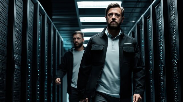 Professional male technician with beard and two colleagues working in data center server room.