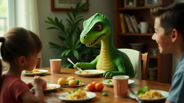 Parasaurolophus fumbles with spoon and drops food as family enjoys meal and laughs together